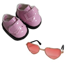 Suitable for 17cm Doll Clothing Accessories Set, Velcro Small Leather Shoes and Glasses Two-Piece Set (Brilliant Pink)