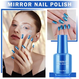 QIUFSSE Metallic Nail Polish Long Lasting Mirror Effect Quick Dry Chrome Nail Polish for DIY and Professional Nail Art (18ML,Cyan)