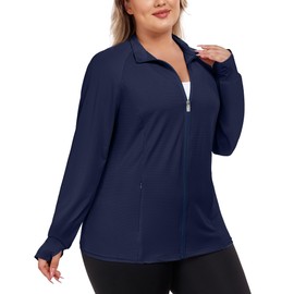 FOREYOND Womens Plus Size UPF 50+ Lightweight Athletic Jacket Sun Protection Full Zip Long Sleeve Sun Shirts Hiking Outdoor Pockets, Navy, 5XL