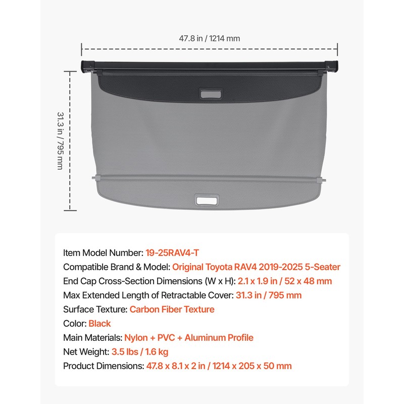 VEVOR Cargo Cover for 2019-2024 2025 Toyota RAV4 Accessories, Carbon