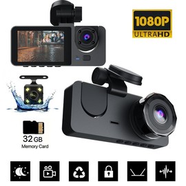 BCUOZ 3 Channel Dash Cam Front and Rear Inside, 1080P Full HD Dash Camera for Cars, Triple Car Camera with 32GB Card,2.0''IPS HD Screen,Night Vision, Wide Angle, Loop Recording,WDR,G-Sensor, Loop Recording. Dual Camera