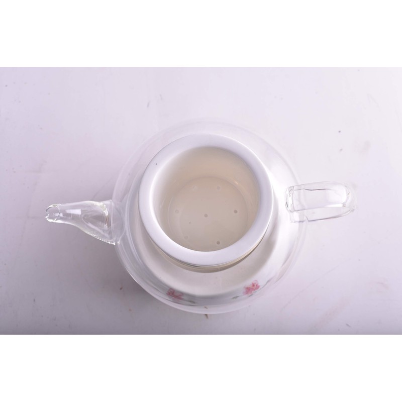 Rose Floral Design Glass Teapot With Infuser and Tea Warmer