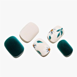 Press on Nails Green White Matte Short Squoval, GLAMERMAID Short Press on Nails, Fake Nails Stick on Nails with Leaf Design, 24 Pcs Natural Reusable Full Cover Flase Nails for Women Girls