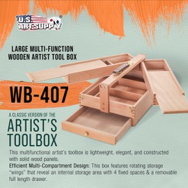 U.S. Art Supply Multi-Function Artist Tool Supply Box with Locking Clasps & Tool Storage Box - Wooden Art Box for Artist Supplies, Brushes, Pencils, Erasers, Tool Storage Organizer Case