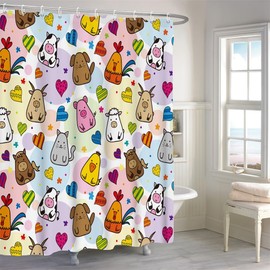 Kids Shower Curtain, Colorful Cartoon Animals Shower Curtain for Bathroom Funny Duck Cat Cow Shower Curtain for Boys Girls Waterproof Polyester Shower Curtain Set with Hooks, 72x72 Inch