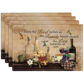 Vintage Wine Placemats Set of 4 Farmhouse Wine Glass Imitation Linen Placemat Heat Resistant Dining Blessed Christian Table Place Mats Hummingbird Plate Mats for Kitchen Indoor Restaurant 12''x18''