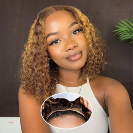 Wear to Go Wig Highlight Blonde Ombre 4/27 Women's Natural Real Hair Wig Pre Cut 4x4 Lace Wig Human Hair 12 Pure Deep Curly Glueless Lace Frontal Bob Wigs for Black Women