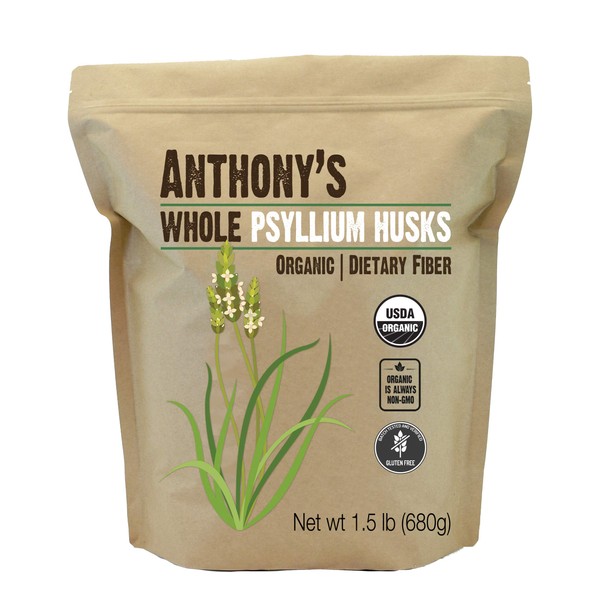 Anthony's Organic Whole Psyllium Husks, 1.5 lb, Dietary Fiber, Gluten Free, Non GMO, Keto Friendly