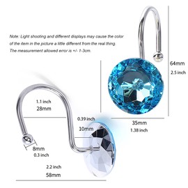 Shower Curtain Hooks Luxury Design Set of 12 Crystal Shower Curtain Rings, Rust Proof Double Window Shower Hooks Hangers for Bathroom Living Room Decorative (Crystal Blue, 12)