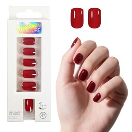ONPRESS 24 Uñas Postizas Rojas Cortas Cuadradas Autoadhesivas, Sin Pegamento, Cobertura Total, Para Mujer. Incluye 24 Uñas, 1 Palito De Manicura Y 1 M