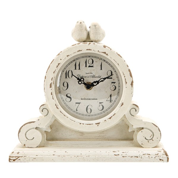 NIKKY HOME Vintage Mantel Table Clock with 2 Birds, Silent Non-Ticking Battery Operated Desk Shelf Rustic Wooden Clock for Living Room Decor - Distressed White