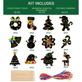 VEYLIN 48 Pieces Christmas Scratch Art Hanging Decorations, Christmas Scratch Papers with 48 Pieces Ribbons for Kids Party Bag Fillers