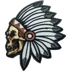 Feathered Indian Chief Head Death Skull Embroidered Sew Iron on Patch (RR-IRON-SKUL-HEAD-INDI-AN01) by Ranger Return