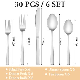 30 Piece Silverware Set Service for 6,Premium Stainless Steel Flatware Set,Mirror Polished Cutlery Utensil Set,Durable Home Kitchen Eating Tableware Set,Include Fork Knife Spoon Set,Dishwasher Safe