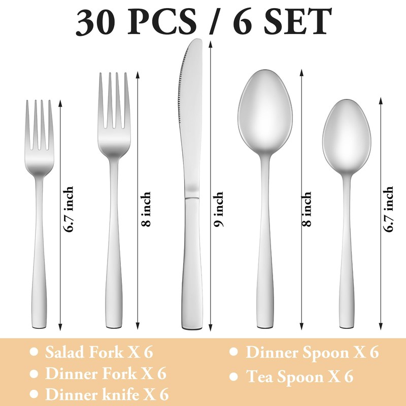 30 Piece Silverware Set Service for 6,Premium Stainless Steel Flatware