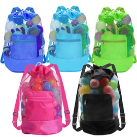 INVODA Mesh Beach Bag Drawstring Beach Backpack Foldable Toy Organizer Bag Shell Bag Large Capacity Swim Bag, 5pcs, Universal size, Beach Bag