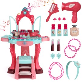 Kids Vanity Set with Mirror, Lights & Music – Pretend Play Princess Makeup Table & Stool, 2-in-1 Beauty Salon Toy with Hair Dryer & Accessories for Girls Ages 3–6