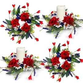 4 Pcs Veterans Day Red White and Blue Candle Rings 3 Inch Patriotic Pillars Candle Wreaths Mini Floral American Wreath 4th of July Independence Day Rings Wreaths for Table Window Door Decor