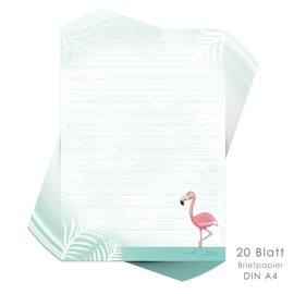 Flamingo Writing Paper Set for Children, 20 Sheets, DIN A4 with Lines, Includes 20 Printed Envelopes, Writing Paper for Children, Letter Paper Set for Children, Letter Paper Girls