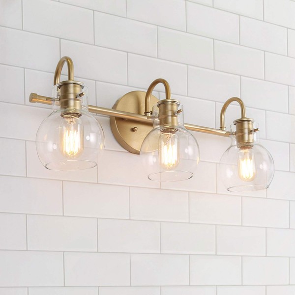 RUZINIU Bathroom Lights Over Mirror, Gold Bathroom Light Fixtures with 3 Clear Glass Globe Shades, 22”x7”x9”