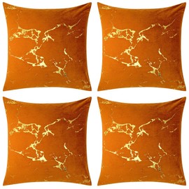 Red Rainbow 4 Pack Gold Metallic Velvet Cushion Covers with Marble design 18 inch 45 x 45 cm Square (Orange)
