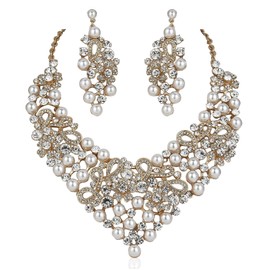 Janefashions Daisy Faux Pearl Off White Austrian Rhinestones Bib Necklace Earrings Set N923 (Gold)
