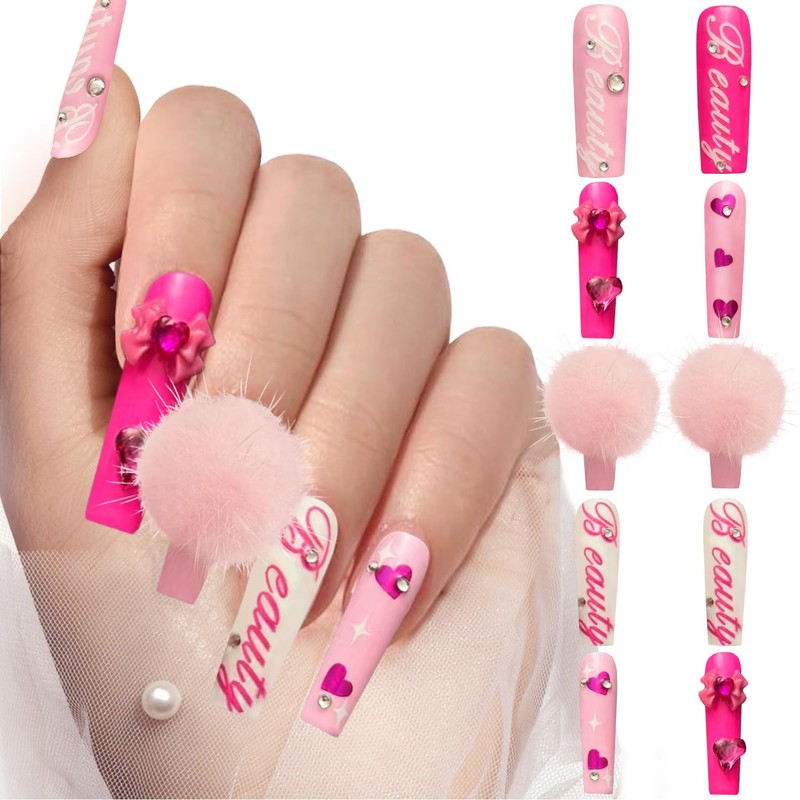 GREENTEA Handmade Press On Nail Long,3D Nail Pink with Heart
