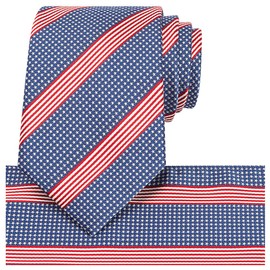 KissTies - Juego de corbata de seda 100 % estilo patriótico, corbata de Estados Unidos + bolsillo cuadrado, Azul plateado, X-Largo