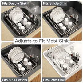 Small Expandable Over The Sink Dish Drainer Drying Rack In Stainless Steel Metal For Kitchen, Counter Space Saving Compact Above Plate Dryer Strainer, Adjustable Hanging Inside Sink Wire Drain Holder