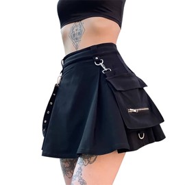 Ruolai Goth Black Pleated Mini Skirt with Chain High Waisted Tennis Skirt XL
