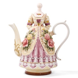 FORLONG Large Ceramic Teapot and Coffee Pot with Lid, 3D Embossed Victoria Pink Rose Flowers Decorative Teapot(Red）
