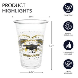 Party Essentials Soft Plastic Printed Party Tumblers/ 16-Ounce Graduation Cups, Black/Gold, 20-Count