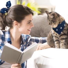 E-Clover 4th of July Cat Collar-American Flag Cat Collars Bandana & Matching Scrunchie Pet Bibs Accessories for Kitten Kitty Owner Gifts Blue Red White