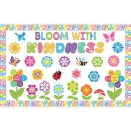 Kosiz Spring Kindness Bulletin Board Decorations Set Flower Paper Cutouts Bloom with Kindness Colorful Butterfly Bee Bird Classroom Decorations with Floral Border for School Chalkboard Wall Door Home
