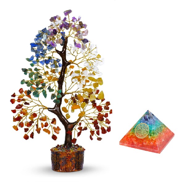 PYOR Seven Chakra Crystal Tree of Life Orgone Pyramid Reiki Healing Feng Shui Unique Office Desk Accessories Positive Crystals Décor Gifts Gemstone Spiritual Orgonite Pyramids Handmade Gift