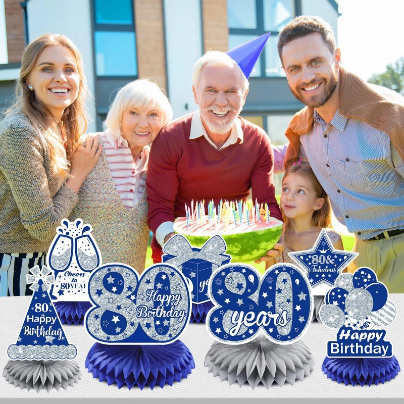 Rumia 8Pcs Blue 80th Birthday Decorations Navy Blue Silver Happy