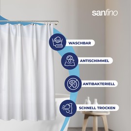 SANFINO® Premium Shower Curtain 180 x 200 cm - Waterproof Shower Curtain White for Bath and Shower - Anti-Mould Shower Curtain Textile - Antibacterial and Oeko-Tex Certified - White