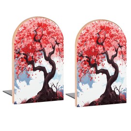 Buyidec Book Ends Cherry Tree Blossom Wood Bookends for Shelves to Hold Books Heavy Duty Non-Skid Book Stoppers Wood Decorative Home Office School