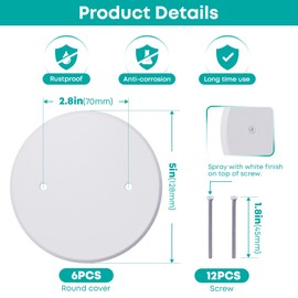 Wuno Shop 6-Pack Ceiling Cover Plate, 5 inch Round Outlet Covers Plate For 3-1/2 inch Electrical Box, Metal Blank Cleanout Cover Plate for Smoke Detector, Wall Light Hole, Hole Spacing 2.8 inch-White