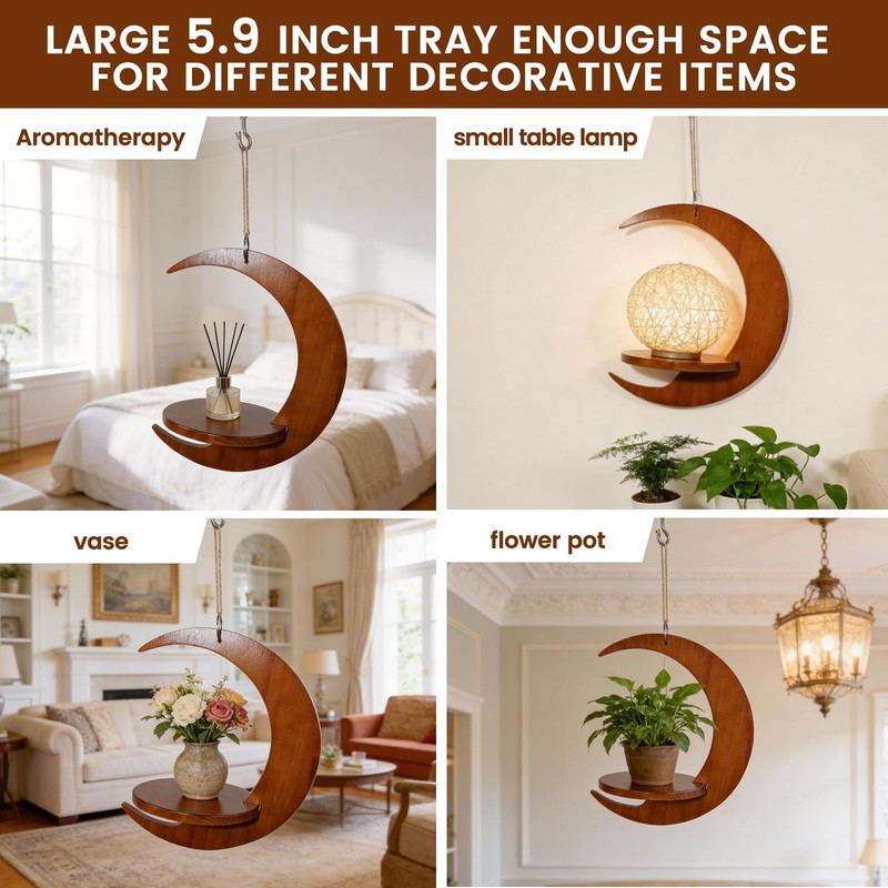 Moon - Shaped Wooden Hanging Plant Stand, Nordic Modern Window