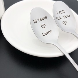 Cenrren 15th Anniversary Spoon Set for Couples - '15 Years Later' & 'I Still Pick You' Engraved - Silver Stainless Steel - 2 Pieces - Perfect for Him & Her - Wedding