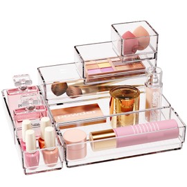 7 PCS Stackable Clear Drawer Organizer, Vanity Drawer Organizer Trays, Acrylic Bathroom Drawer Storage Containers for Cosmetic, Office Supply, Kitchen Utensils Gadgets
