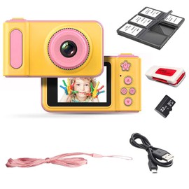 Acuvar Full 1080P Kids Selfie HD Compact Digital Photo and Video Rechargeable Camera with 2" LCD Screen, Video Games and Micro USB Charging (Pink, SD Card + Reader + Card Holder)