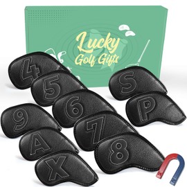Golf Iron Headcovers 10 Pack Set Synthetic Leather with Magnetic Closure, Double-Sided Numbered Lightweight Head Covers for All Brands, Universal Fit for Men Women with Gift Box (Black)