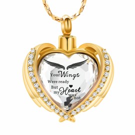 Imrsanl Cremation Jewelry Angel Wing Heart Urn Pendant Necklaces for Women Crystal Birthstone Urns for Human Ashes Memorial Locket Keepsake Ashes Jewelry (Gold-Wings)