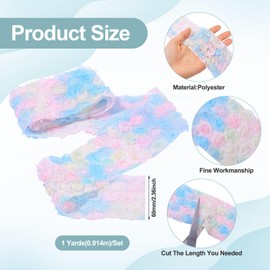 Spritewelry 1 Yard 3D Rose Flower Lace Trim Ribbon Colorful Flower Chiffon Ribbon 2-3/8 inch Wide Floral Mesh Lace Ribbon Pastel Tulle Lace Ribbon for Sewing Bowknot Wedding Decor Headband