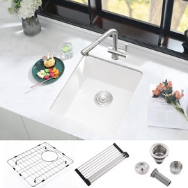 iAnomla 15x15 Inch Undermount Quartz Sink - White Bar Sink with Bottom Grid