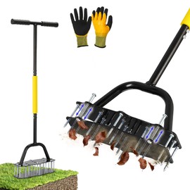 Ligebul Manual Lawn Aerator Tool, Automatic Dirt Clean Lawn Aerator with 17 Spikes and Extended T-Handle, Easy-to-Assemble Aerator Lawn Tool with Gloves, Yard and Grass Aerator for Soil Loosening