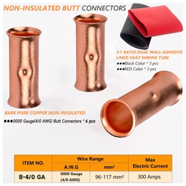 SVAAR 0000 Gauge Butt Splice Connectors 6 PCS 4/0 AWG Non-Insulated Butt Connectors,Bare Pure Copper Butt Splice Wire Connector,Heavy Duty Uninsulated Crimp Butt Terminals + 6 PCS 3:1 Heat Shrink Tube