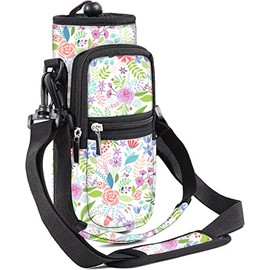 WINTOJO Water Bottle Carrier Bag Holder 25oz 32oz 40oz 64oz Insulated Water Bottle Sling Sleeve Case Cover with Strap Pockets for Men Women School Walking Hiking Running (32oz, Flowers)